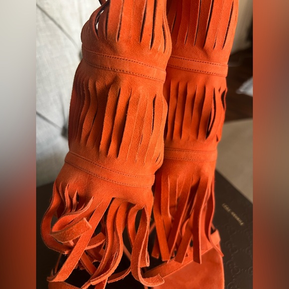 Gucci ‘Becky’ Burnt Orange Suede Fringe High Heel Sandals - Picture 4 of 10